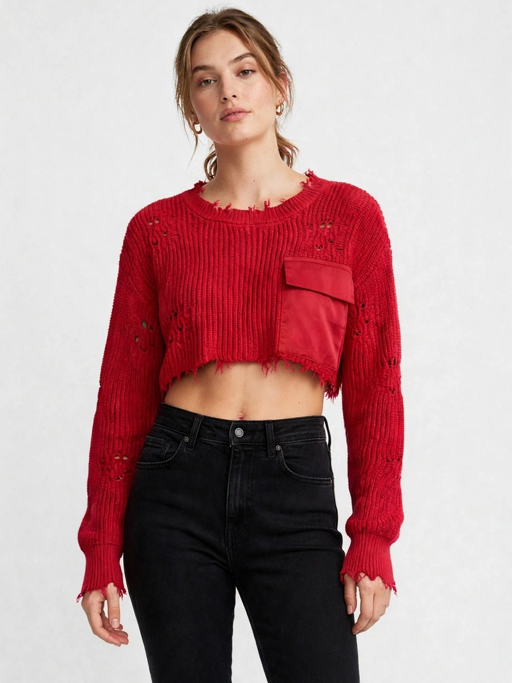 SER.O.YA Red Distressed Cropped Knit Top with Pocket